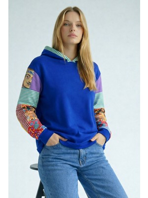 Poupee Kadın Bluz, Kadın Sweatshirt, Kolları Patchwork Detaylı Kadın Sweat Mavi