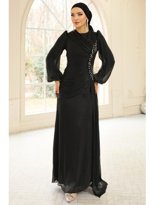Olcay Inci ve Pilise Detaylı Yoryo Ipek Tesettür Abiye Elbise Siyah 1249