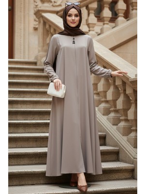 Neva Style Kolları Düğme Detaylı Koyu Bej Tesettür Ferace 45292KBEJ