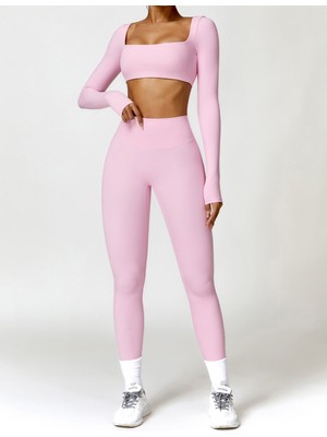 Yuna Sport Kadın Yüksek Bel Arkası Büzgülü Spor Tayt ve Uzun Kollu Spor Üst Spor Takımı