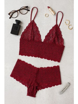 İlkyaz Fashion Ieg™ Kadın Bordo Dantel Bralet Şort Takımı – Asil ve Sofistike Iç Giyim