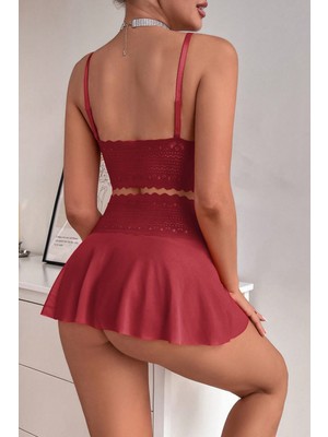 İlkyaz Fashion Ieg™ Kadın Bordo Dantel ve Tül Detaylı Etekli Şık Gecelik Takımı