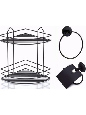 Hype Store Sas Haus Banyo Aksesuar Seti 3'lü Siyah, Ömür Boyu Paslanmaz Köşelik Duş Rafı Şampuanlık Siyah Ek-02