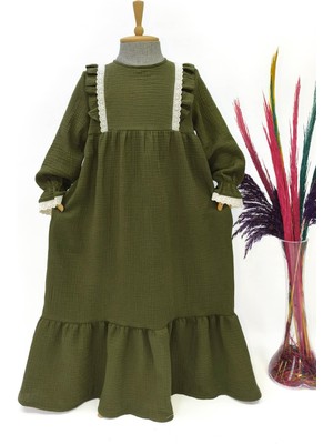 Betül Akbay Kız Çocuk Fistolu Müslin Elbise - Masal Model Uzun Tesettür Elbise Haki