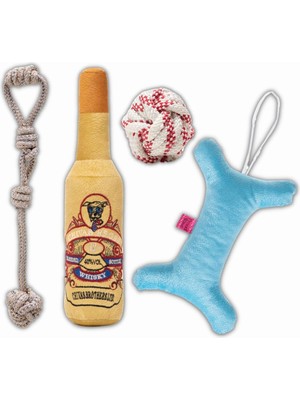 Hype Store Proud Wave Köpek Oyuncağı Dörtlü Toplu Çekiştirmeli Halat - Şişe Peluş Kemik Köpek Eğitim Oyuncağı -