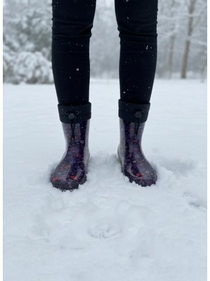 Belix Konçlu Peluşlu Çiçek Desenli Potin Kadın Yağmur Botu 36-40 Mürdüm