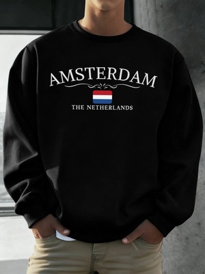 Amsterdam Hollanda Baskılar Erkekler Polar Hip Hop Spor Uzun Kollu Bisiklet Yaka Gevşek Kazak