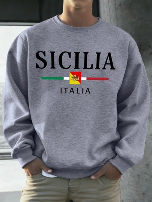 Sicilia Italya Bayrağı Baskılı Kazak Adam O-Boyun Yumuşak Gevşek Sokak Şıklığı Rahat Polar Ho