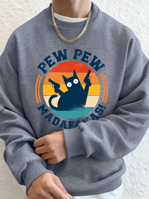 Madafakas Çift Silahlı Kedi Baskılı Erkek Kapüşonlu Üstü Sonbahar Polar Sıcak Sweatshirt Günl