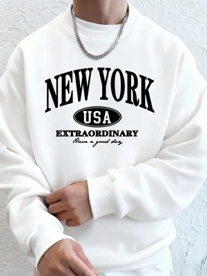 New York Abd Baskılı Erkek Tişörtü Kış Büyük Boy Kapüşonlular Hip Hop Bisiklet Yaka Polar Sıc