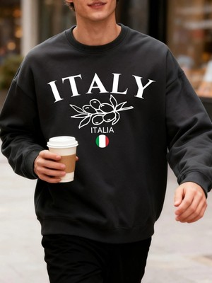 Italya Zeytin Büyük Harf Desenli Erkek Sweatshirtü Bisiklet Yaka Oversize Kazak Sonbahar Moda