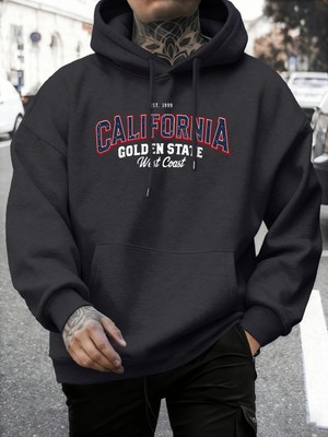 California Golden State Desenli Sonbahar Temel Ürünleri Kapüşonlu Üst Erkek Rahat Polar Tişör