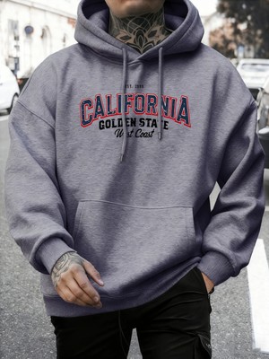 California Golden State Desenli Sonbahar Temel Ürünleri Kapüşonlu Üst Erkek Rahat Polar Tişör