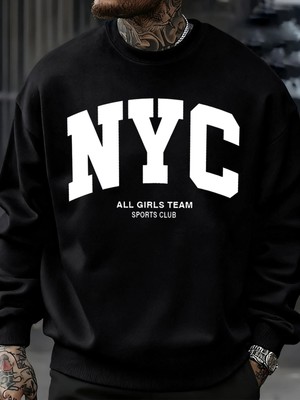 New York City Mektup Göz Alıcı Baskılı Erkek Tişörtü Çok Renkli Kazak Günlük Moda Spor Giyim