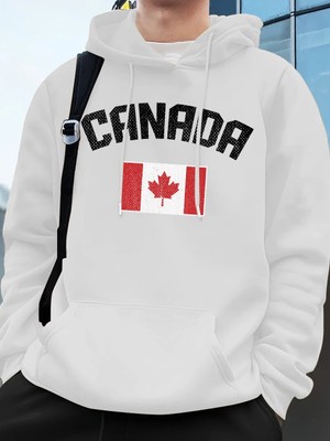 Kanada Bayrağı Mektup Baskı Kapüşonlular Erkekler Kış Polar Sıcak Tişörtü Koşu Cep Kazak Spor