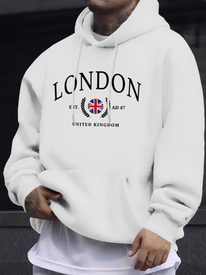 Londra Birleşik Krallık Bayrağı Baskı O Yaka Kapüşonlu Üst Erkek Büyük Boy Sokak Kazakları Ye