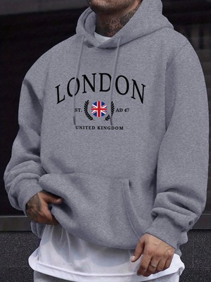 Londra Birleşik Krallık Bayrağı Baskı O Yaka Kapüşonlu Üst Erkek Büyük Boy Sokak Kazakları Ye