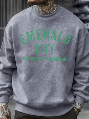 Emerald City Mektup Baskılı Sonbahar Sweatshirt Erkek Trendy Günlük Kazak Polar Bol Giyim Her