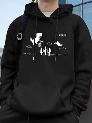 Dinozorlar Kaktüs Üzerinde Baskılı Erkek Kapüşonlu Üstü Sonbahar Cepli Sweatshirt Temel Polar