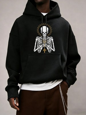 Ölüm Için Dua Edin Iskelet Baskılı Erkek Temel Kapüşonlu Ceket Cepli Moda Sweatshirt Günlük B