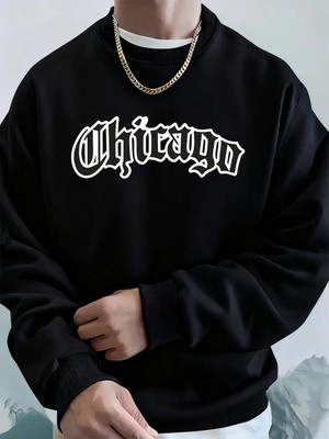 Chicago Letter Baskılı Erkek Sweatshirtleri Kışlık Bisiklet Yaka Kapüşonlu Sokak Stili Polar