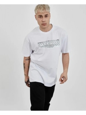 Unisex Bisiklet Yaka Baskılı Oversize T-Shirt - Beyaz