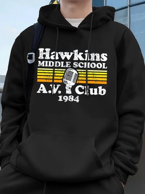 Hawkins Ortaokulu A.v. Club Prints Erkek Kapüşonluları Sonbahar Cepli Kazak Temel Polar Gevşe