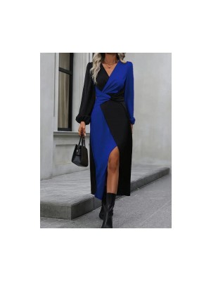 Kadın Uzun Kollu Kruvaze Yakalı Belden Çapraz Detaylı Çift Renkli Midi Ithal Krep Elbise