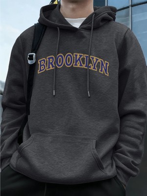 Brooklyn Yaratıcı Mektup Baskılı Erkek Tişörtü Kış Polar Sıcak Hoodie Kore Gevşek Cep Kazakla