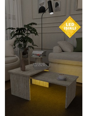 Estoria Home LED Işıklı Terra Traverten Mermer Desen Modern Yeni Nesil Kullanışlı Zigon Olabilen 2'li Orta Sehpa