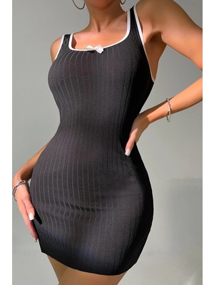 İlkyaz Fashion Ieg™ Kadın Siyah Fiyonklu Kaşkorse Gecelik ve Tanga Takım