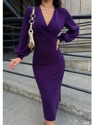 Kadın Kruvaze Yaka Balon Kol Simli Krep Kumaş Midi Boy Elbise