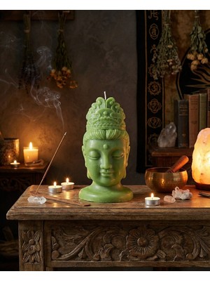 Raw Home Yeşil Buda Figürlü Dekoratif Mum – Sandal Ağacı Kokulu %100 Soya Wax El Yapımı Spiritüel Tasarım Mum