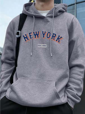 New York Letter Creative Printing Erkek Kapüşonlu Üst Sonbahar Cepli Sweatshirt Temel Polar S