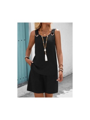 MioveKio  Kadın Askılı Yuvarlak Yaka Kuş Gözü Detaylı Bürümcük Bluz ve Short Ikili Takım