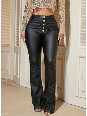 Kadın Yüksek Bel Önden Düğmeli Deri Pantolon
