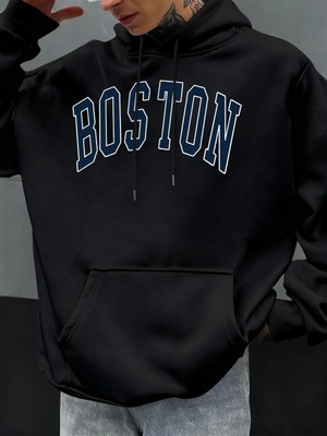 Boston Mektup Logo Tasarımı Erkekler Hoody Sonbahar Polar Kapüşonlular Hip Hop Büyük Boy Soka