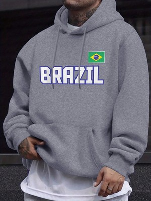 Brezilya Harfli ve Bayraklı Baskılı Eşofman Erkek Sonbahar Günlük Kapüşonlu Sokak Stili Polar