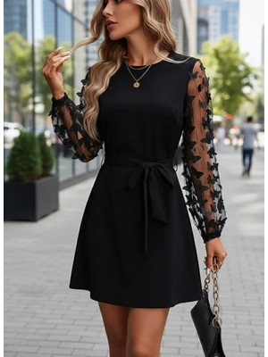 Kadın Uzun Kollu Bisiklet Yaka Kollar Tül Kelebek Detaylı Ithal Krep Elbise