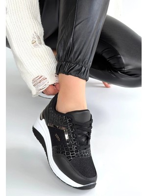 LTG Nova Geja Siyah Cilt Bağcıklı Beyaz Tabanlı Spor Ayakkabı