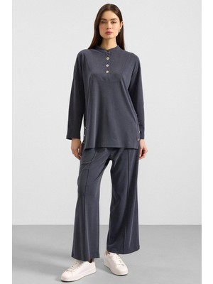 Olcay Metal Düğmeli Premium Kumaş Sweat Pantolon Takım Lacivert 9405-TK