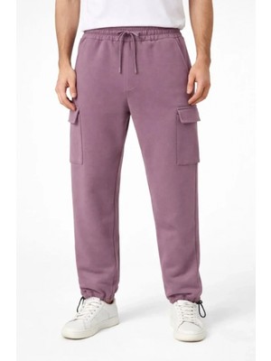 Erkek Baggy Üç Iplik Kargo Cepli Eşofman Ayarlanabilir Paça Beli Ipli Pantolon - Gül Kurusu