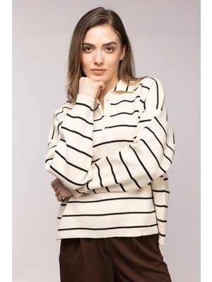 Saade Ekru Çizgili Polo Yaka Düğmeli Triko Kazak Std