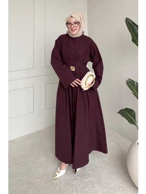 Tesettür Diyarı Bloom Tansel Kumaş Tokalı Ip Bağlamalı Tesettür Elbise- Bordo