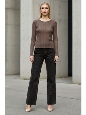 Lupinn Kadın Kahverengi Bisiklet Yaka Uzun Kollu Slim Fit Drapeli Basic Dokulu Bluz - Kadın Bluz