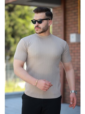 ModaSize Erkek Bisiklet Yaka Örgü Desenli Kısa Örme Triko Kısa Kollu T-Shirt