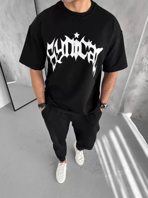 ModaSize Unisex Bisiklet Yaka Baskılı Oversize T-Shirt - Siyah
