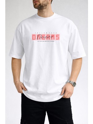 Caddekombin Erkek Follow Your Dreams Yazı Baskılı Bisiklet Yaka Beyaz T-Shirt