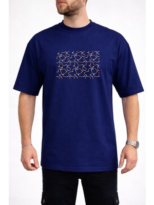 Caddekombin Erkek Soyut Çizgisel Tasarımlı Bisiklet Yaka Lacivert T-Shirt