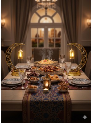 Dodomar 28 cm Ramazan Dekoratif Masa Üstü LED Lamba Seti - Gold Hilal - Kancalı